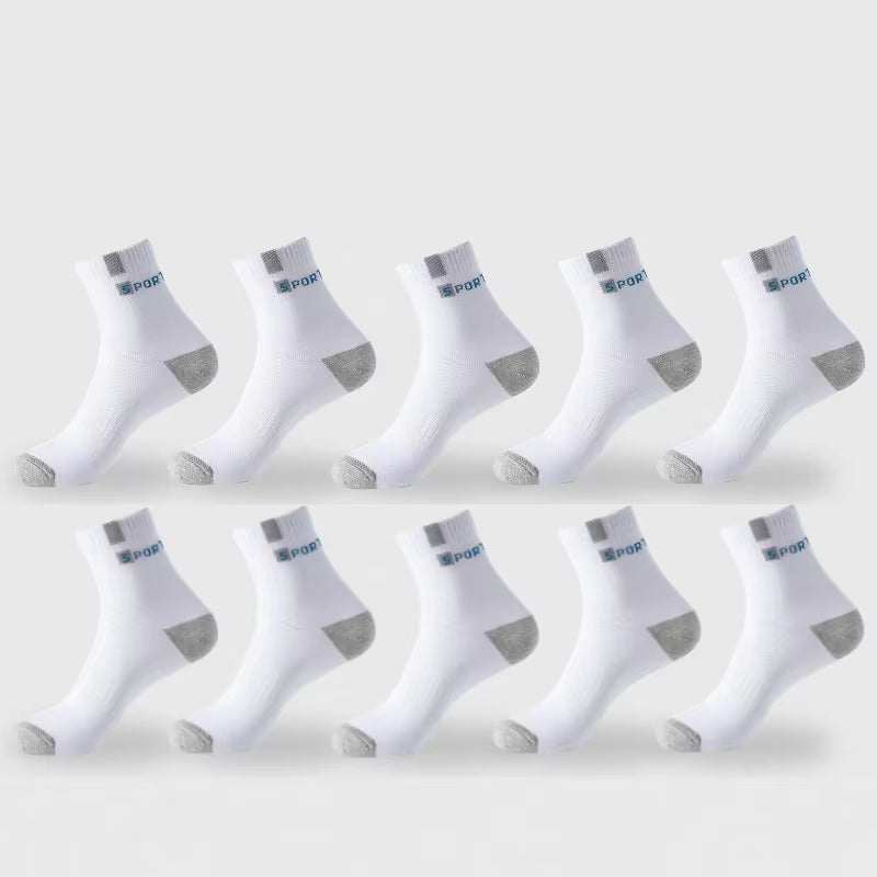 Men's breathable cotton sport socks with cushion soles, moisture-wicking, high elastic fit, white with gray heel and toe, ideal for active wear.