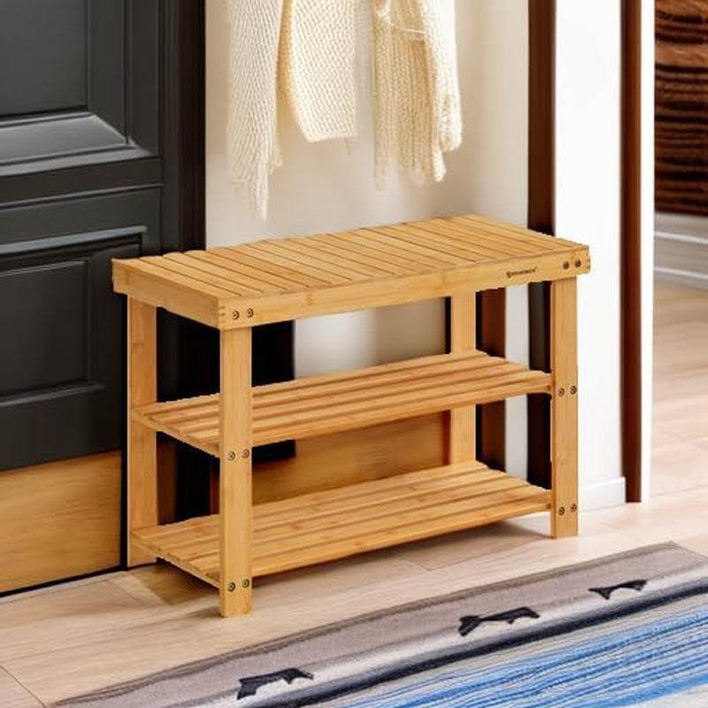 Stylish 2-tier bamboo shoe bench with natural finish in an entryway setting, providing storage and seating.