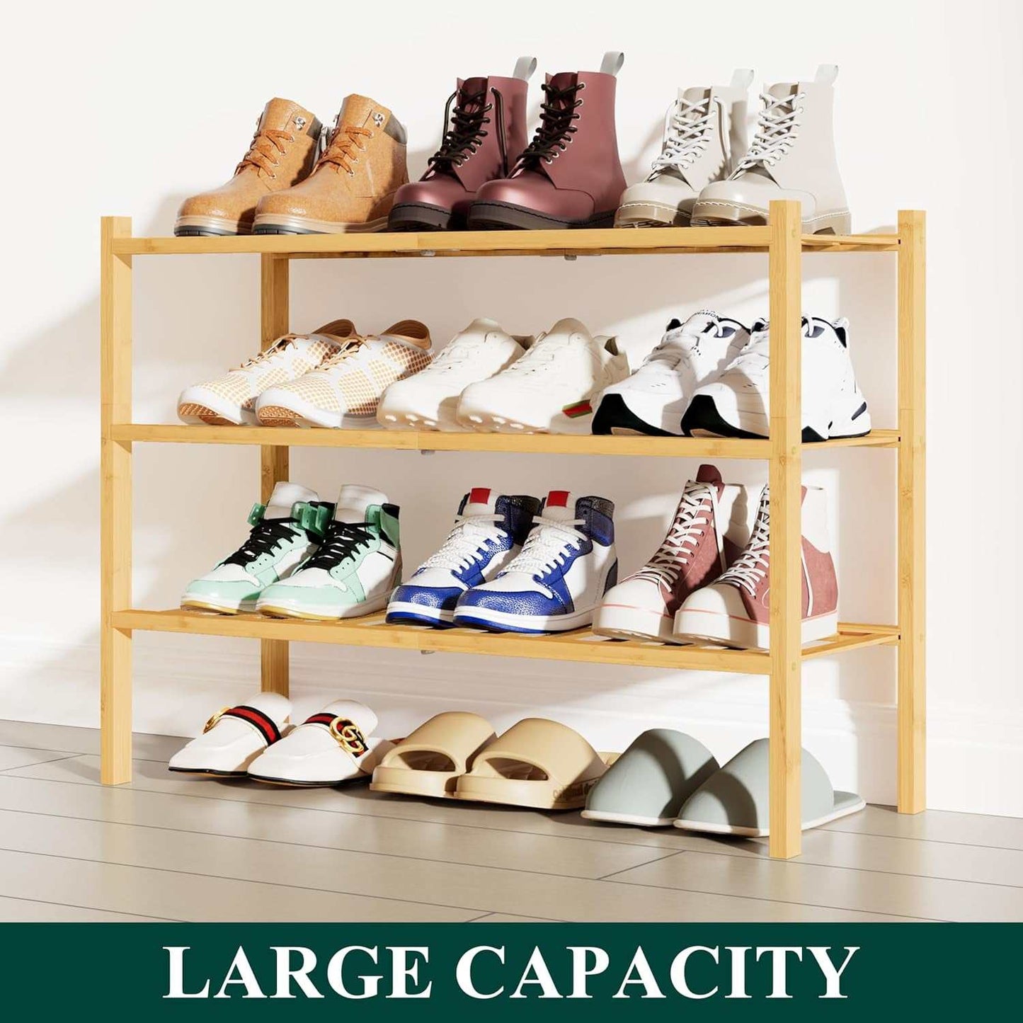 Stylish three-tier bamboo shoe rack with large capacity, holding multiple pairs of shoes in natural bamboo color.