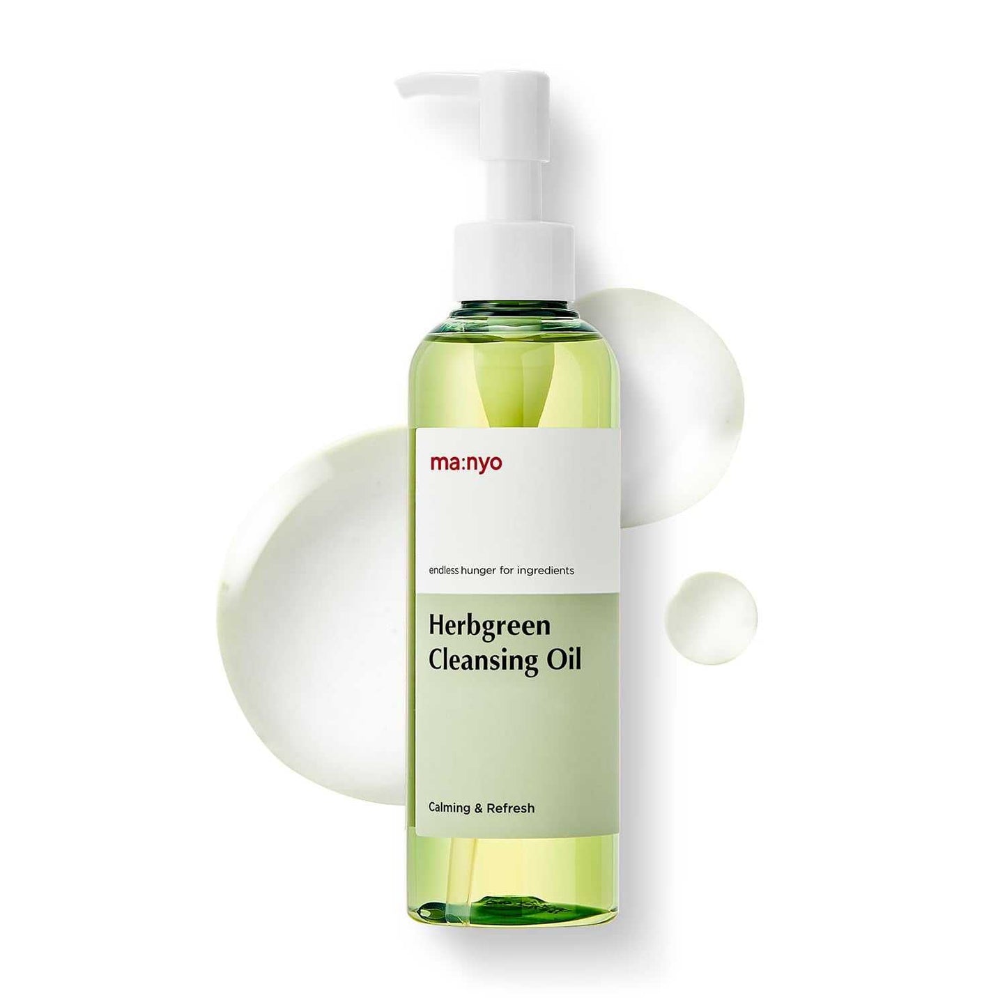 Green Herbclean Facial Cleanser Cleansing Oil bottle with pump and soft oil drops background