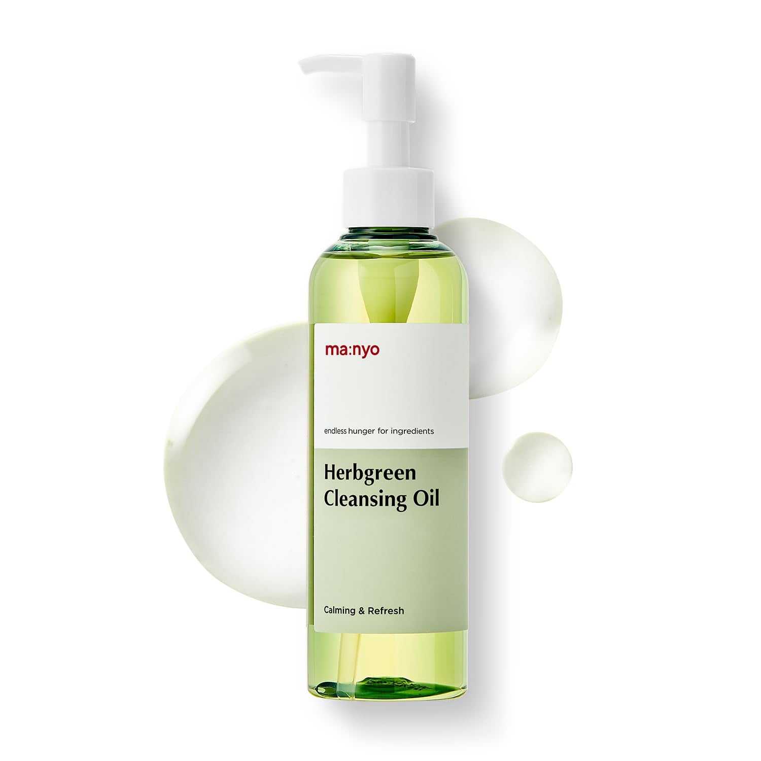 Green Herbclean Facial Cleanser Cleansing Oil bottle with pump and soft oil drops background
