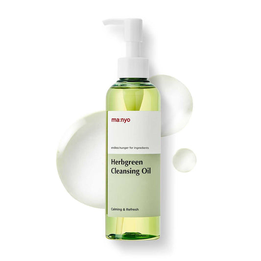 Green Herbclean Facial Cleanser Cleansing Oil bottle with pump and soft oil drops background