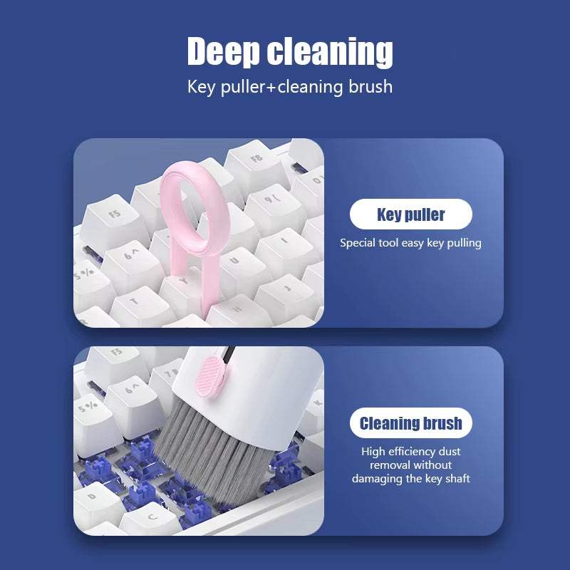 Deep cleaning keyboard using a key puller and cleaning brush from the 7-in-1 electronic cleaning kit.