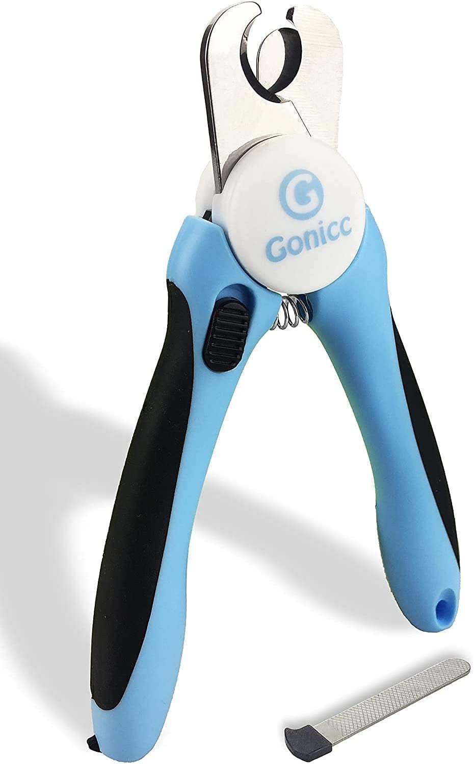 Blue and black ergonomic pet nail clipper with safety guard and included metal nail file for dogs and cats grooming.