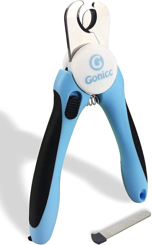 Blue and black ergonomic pet nail clipper with safety guard and included metal nail file for dogs and cats grooming.