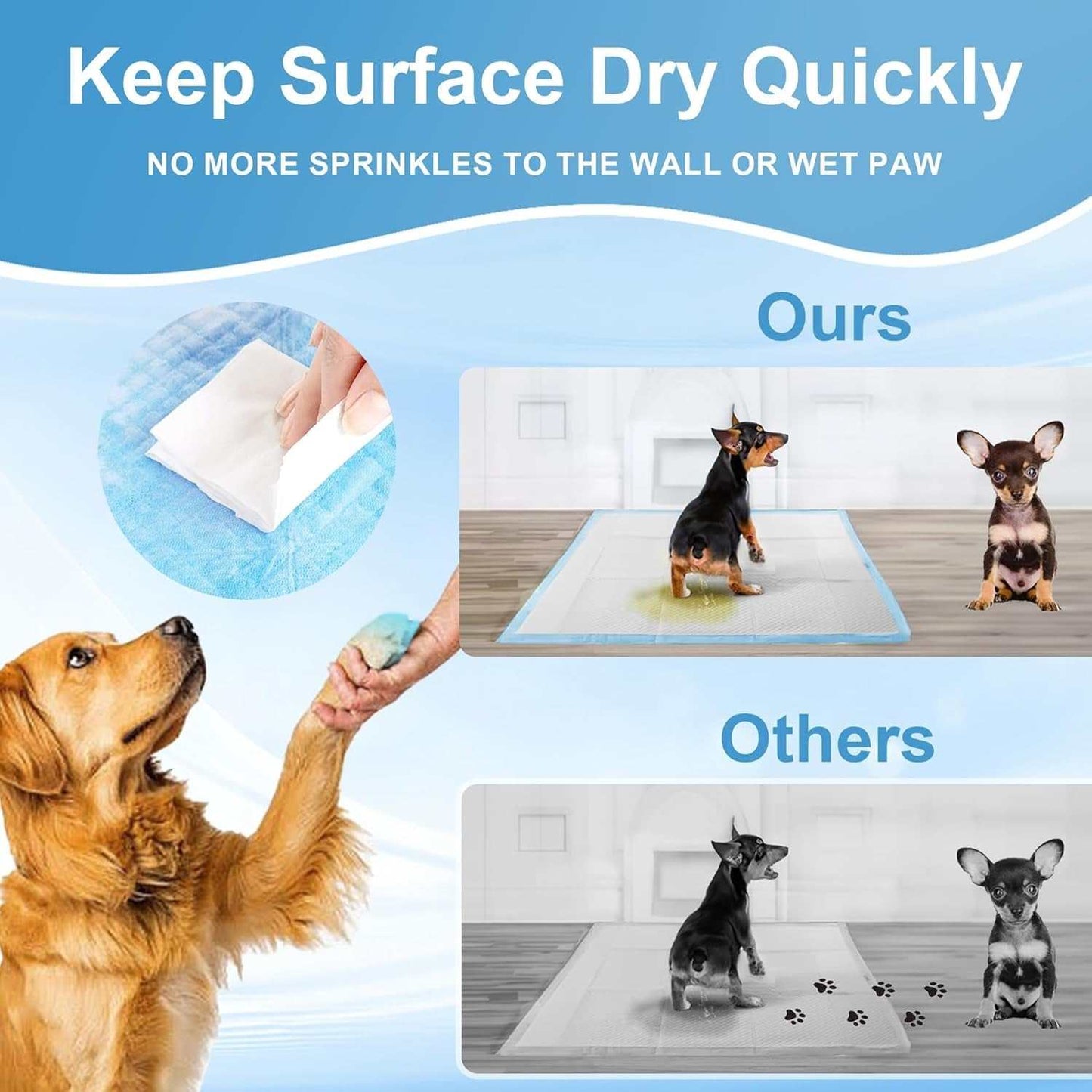 Pet Pee Absorbent Pads with quick-dry surface and leak-proof backing for dry, clean pet areas and odor control