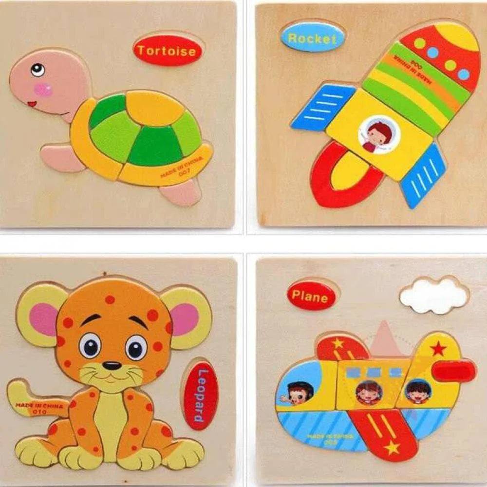 Montessori-inspired wooden puzzles featuring animal and vehicle designs for toddlers aged 1-3, promoting cognitive development and motor skills.