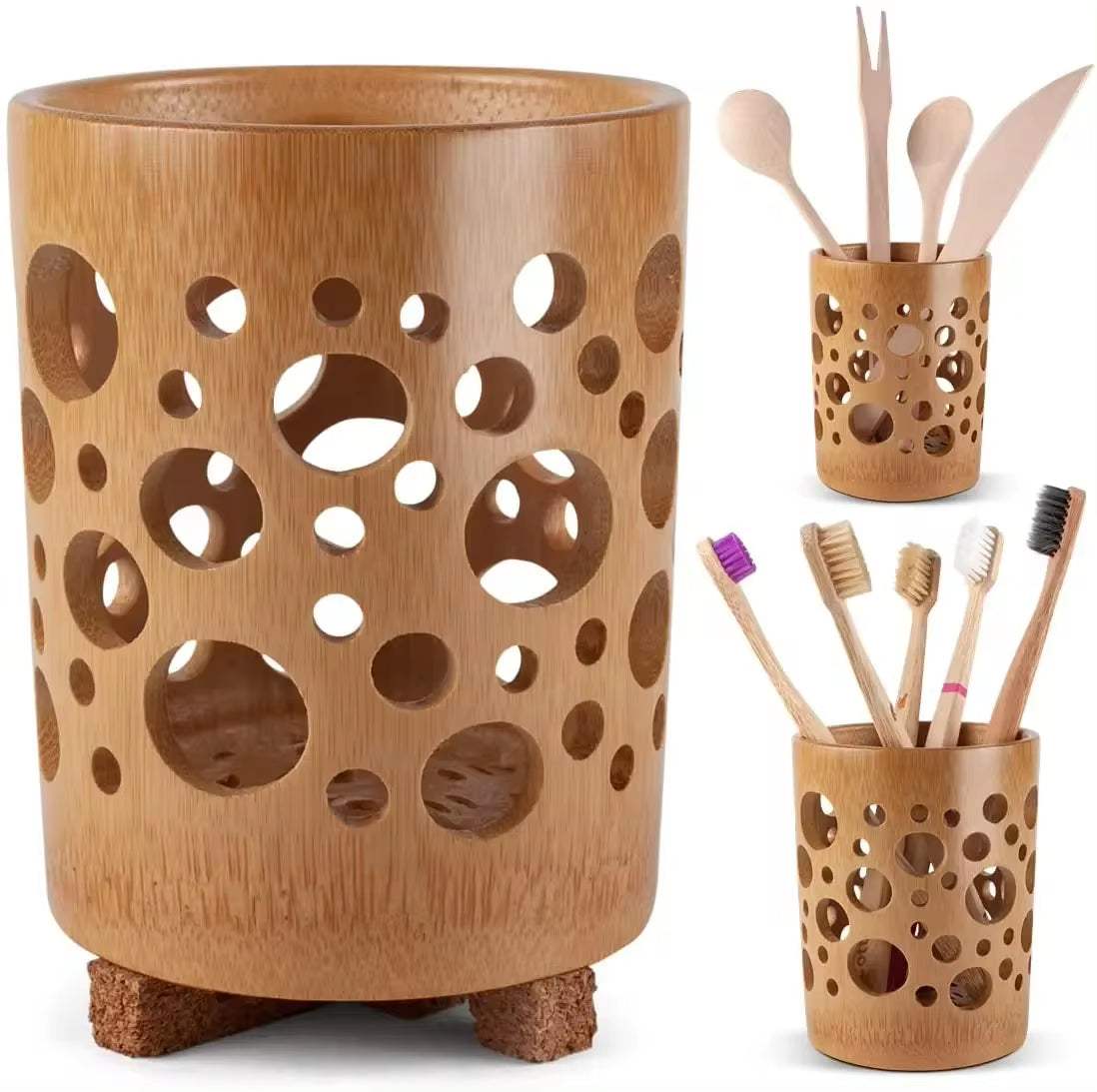 Bamboo toothbrush and makeup brush organizer with circular cutout design, eco-friendly and compact for bathroom countertop.