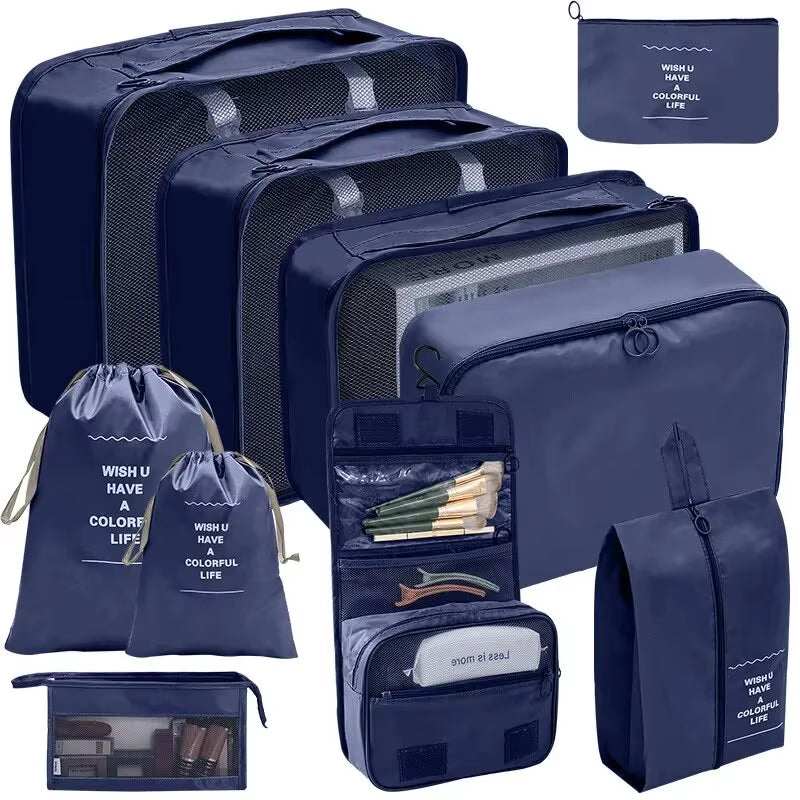 Travel organizer storage bag set in navy blue, featuring multiple sizes for clothes, shoes, and accessories; water-resistant, lightweight, and portable.