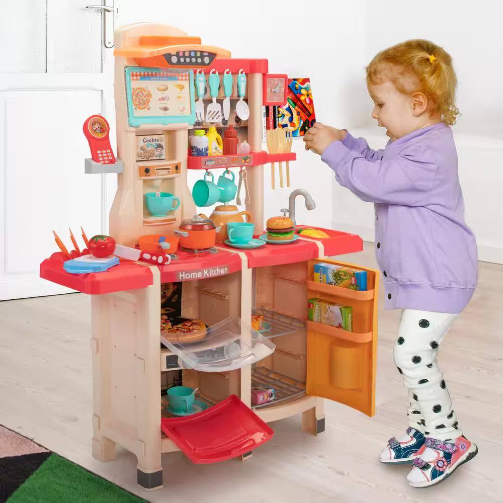 Kids kitchen playset with accessories; child engaging in pretend cooking activities.