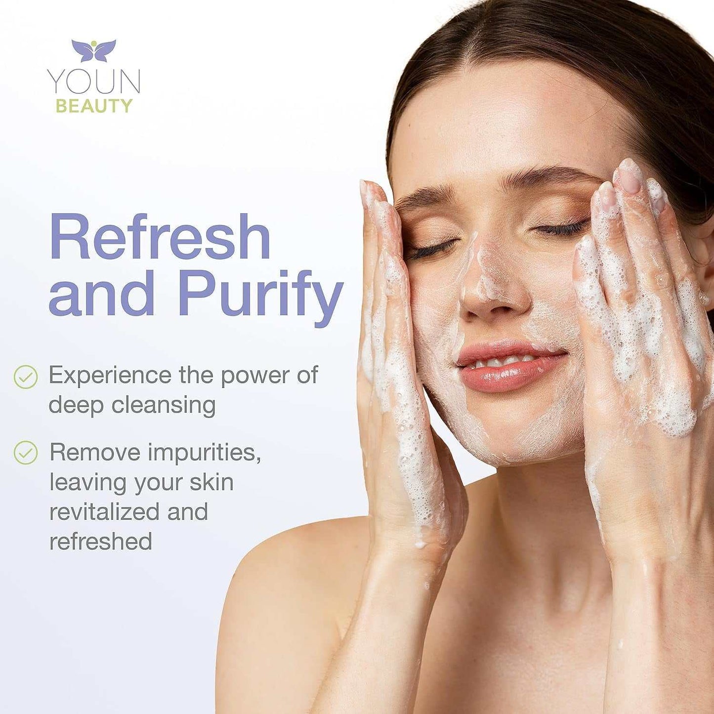 Woman cleansing face with foaming paraben-free facial cleanser for hydration and skin refreshment