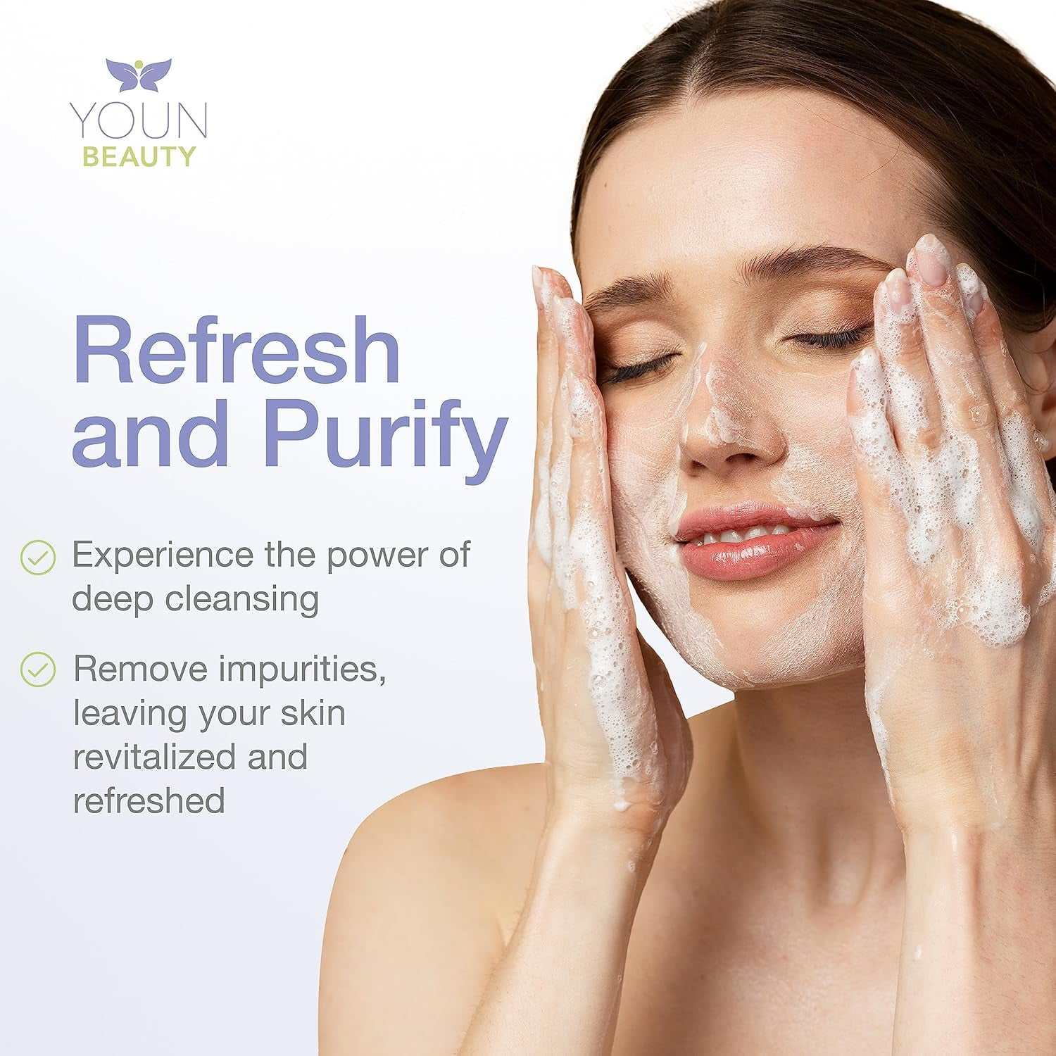 Woman cleansing face with foaming paraben-free facial cleanser for hydration and skin refreshment