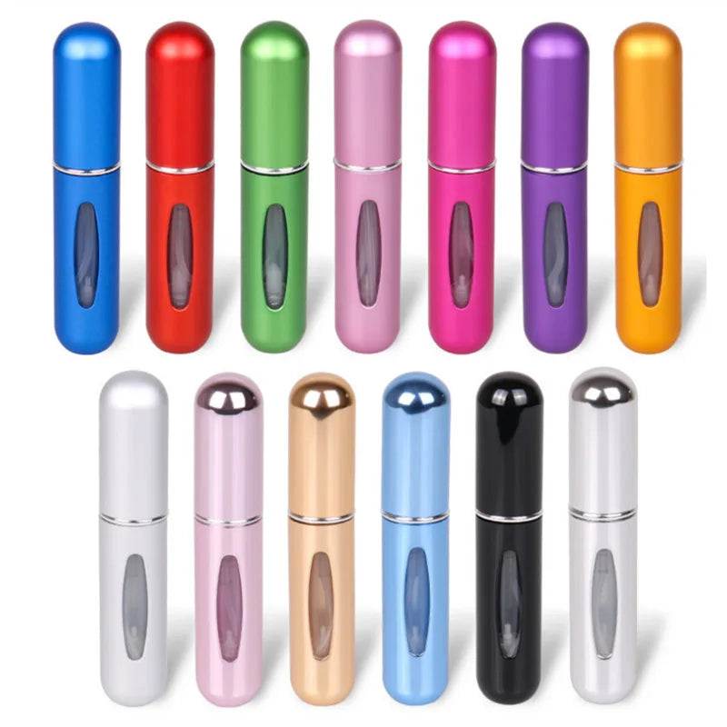 Set of colorful portable 5ml refillable perfume spray bottles for travel and daily use.