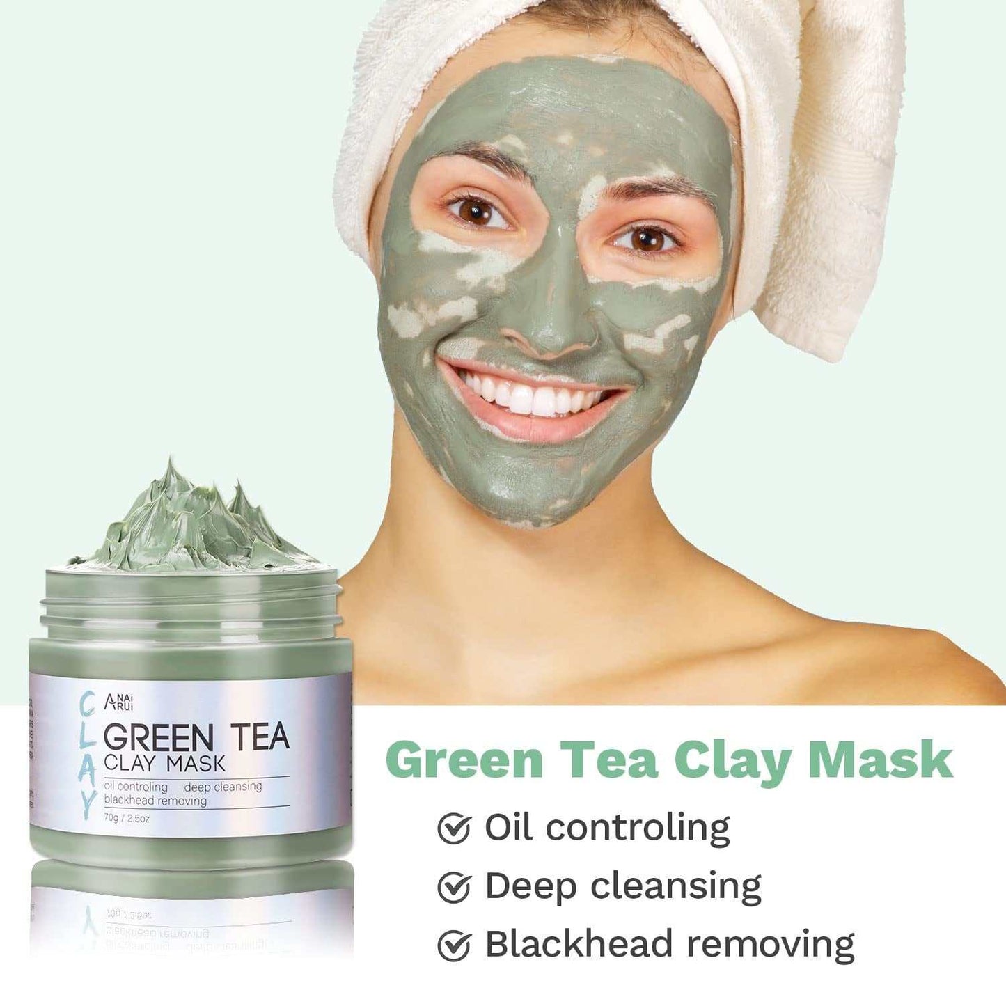 Smiling woman with green tea clay mask applied on face holding jar of deep cleansing Dead Sea mineral mask for oil control and blackhead removal