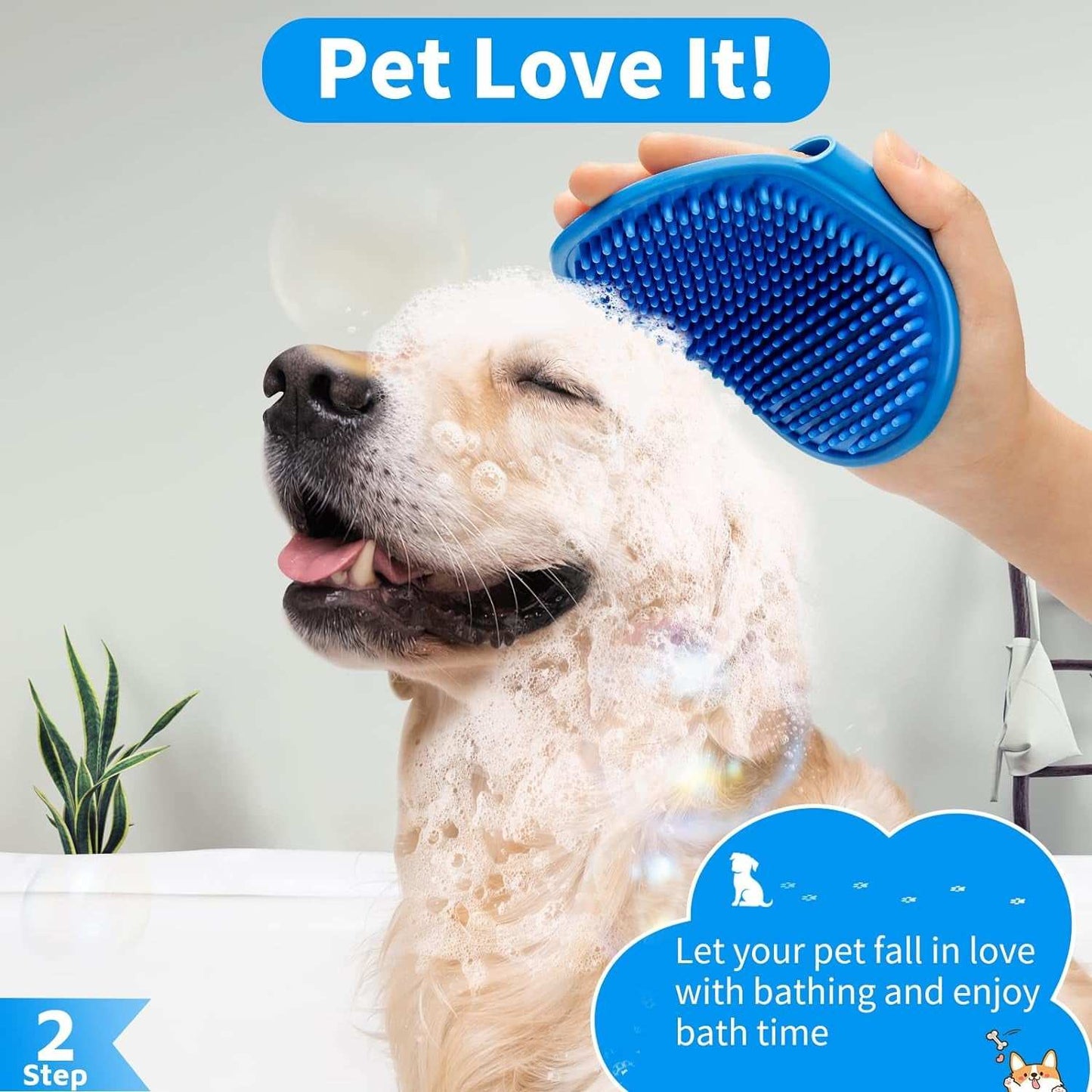 Blue dog bath brush with adjustable ring handle used for gentle scrubbing and shampooing during pet bath time