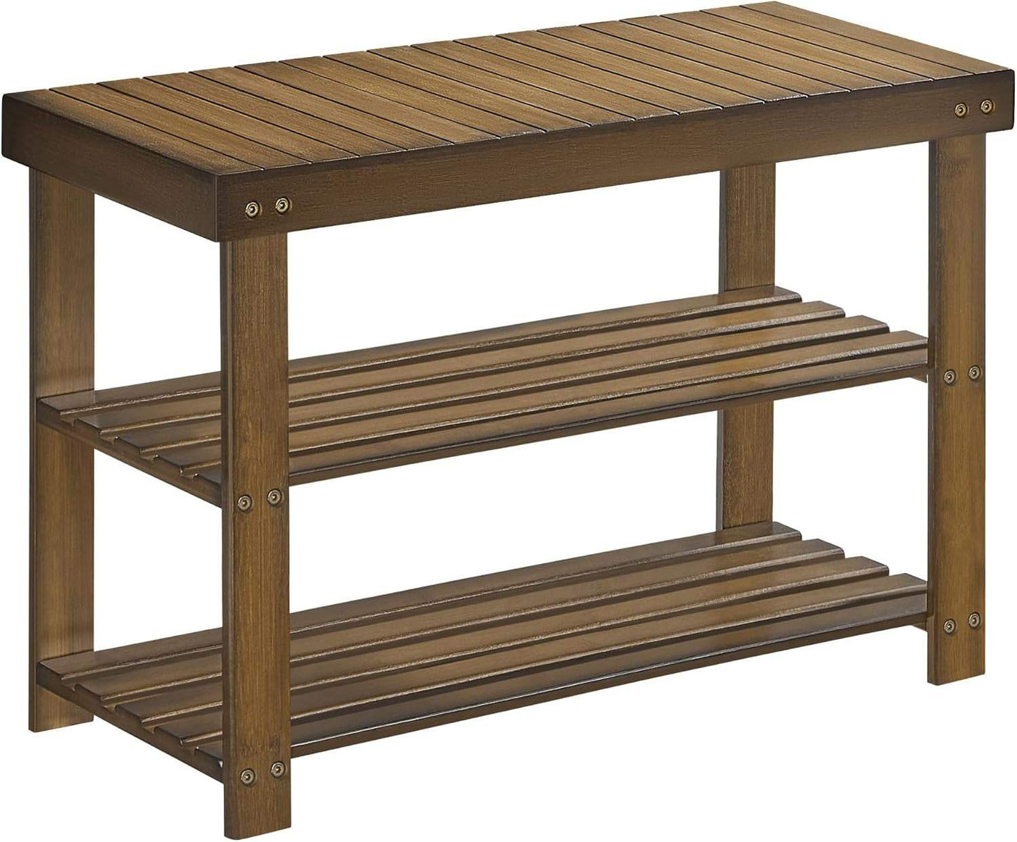 Stylish three-tier bamboo shoe rack bench with natural finish, perfect for entryway storage and seating.