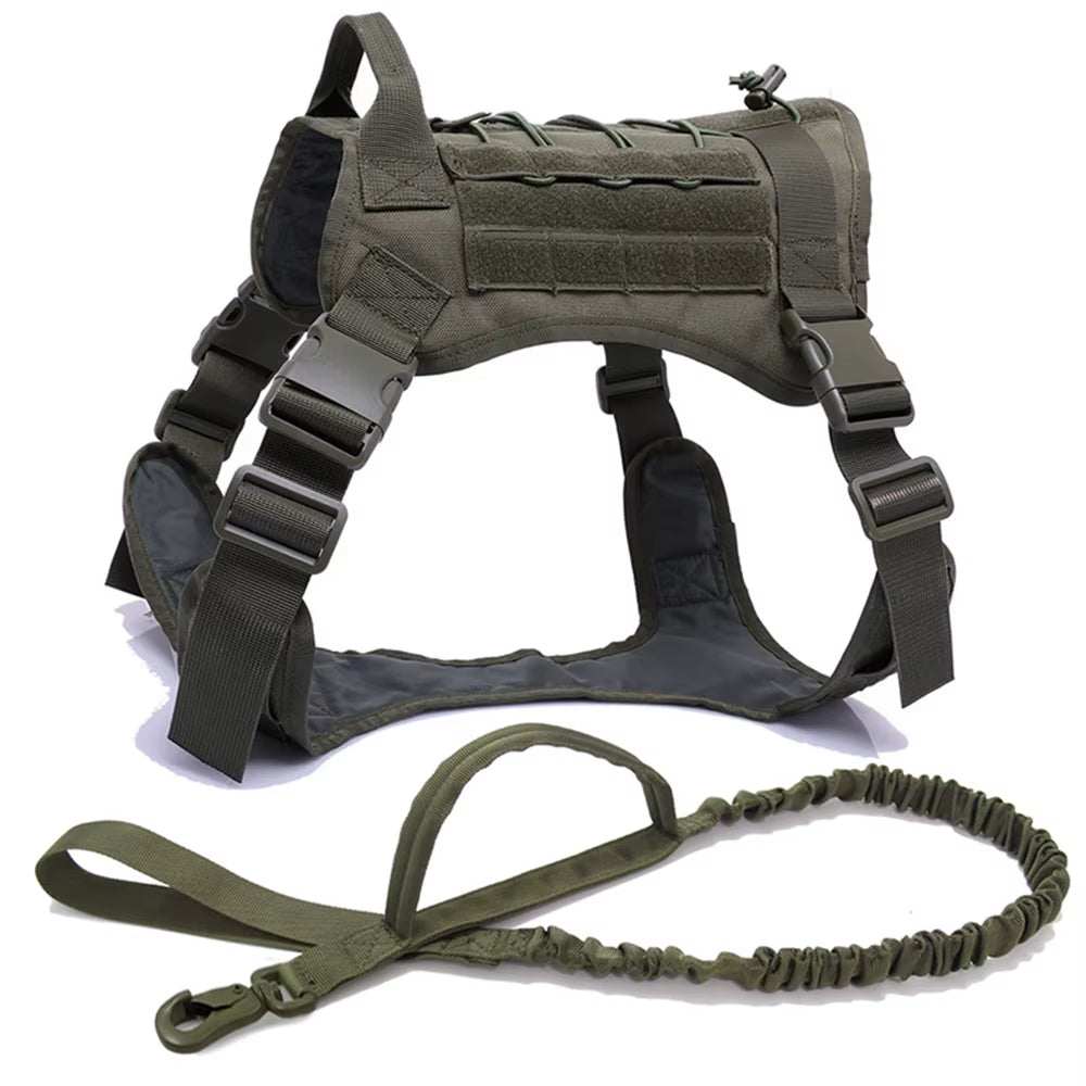 Tactical dog harness and leash set for medium to large dogs with adjustable straps, MOLLE webbing, reflective strips, and quick-release buckles.