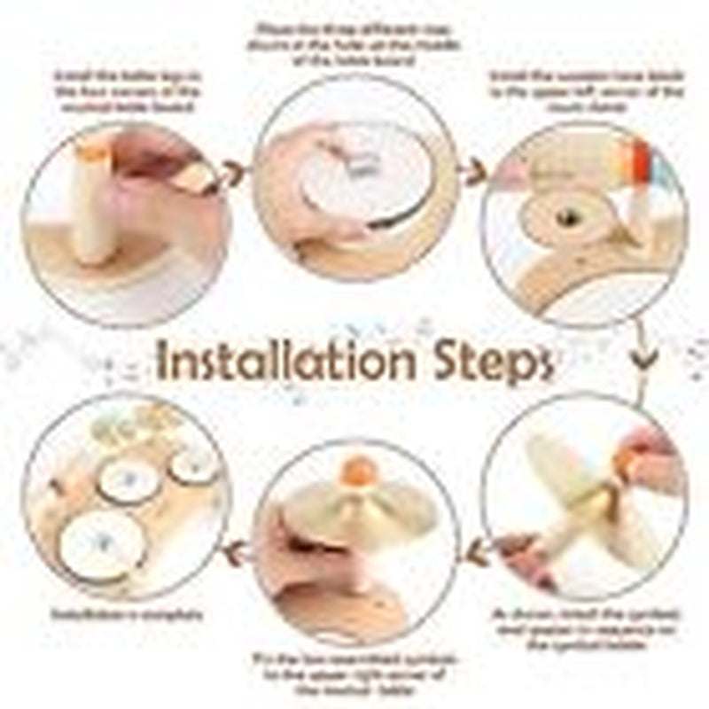 Kids wooden drum set installation steps illustration.