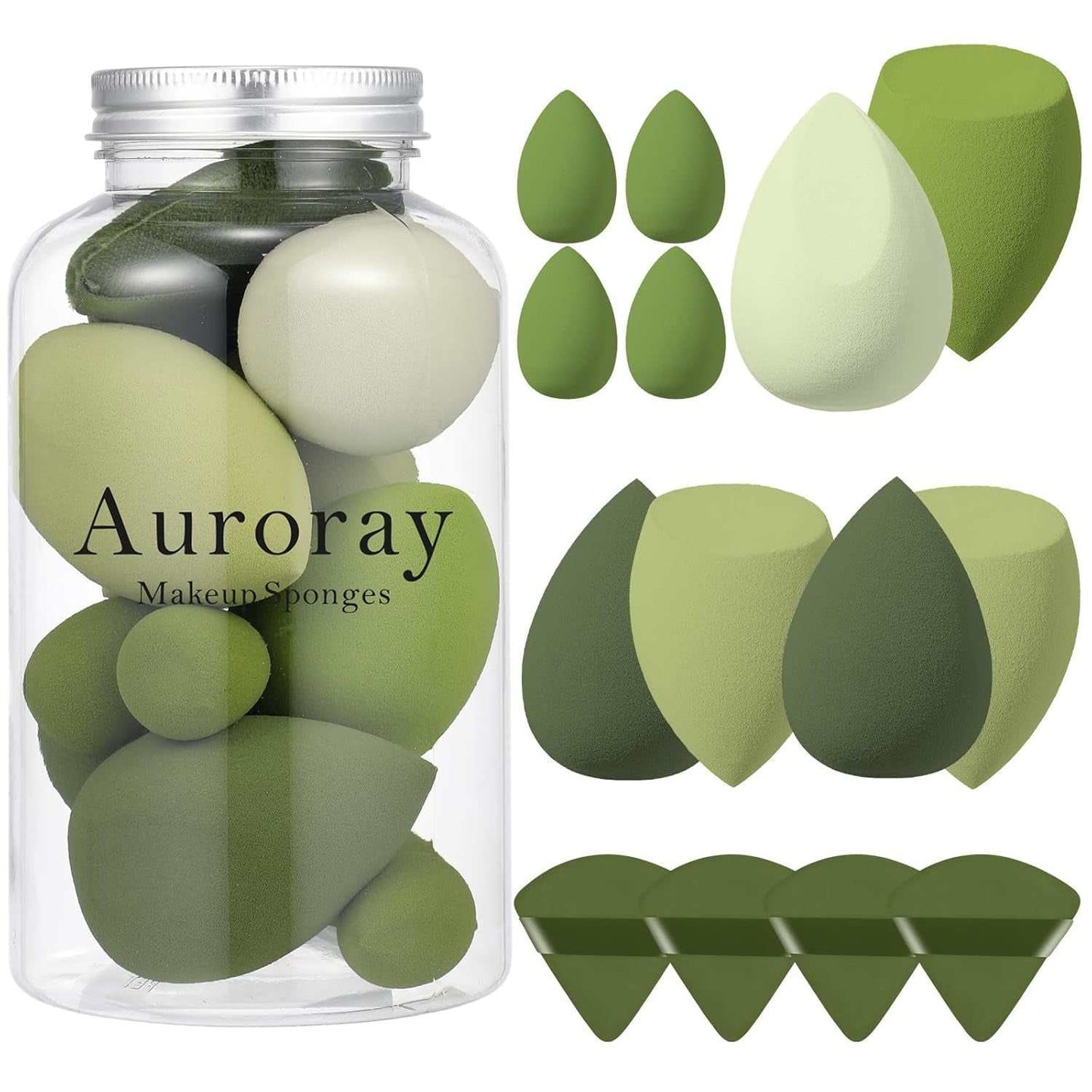 Green makeup sponge set with various shapes and powder puffs in a clear jar for flawless foundation, powder, and concealer application