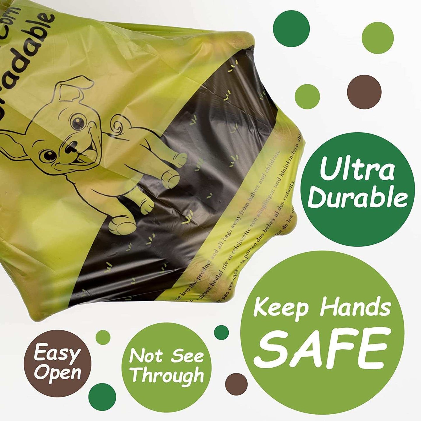 Biodegradable poop bags for dog waste with ultra durable, leak-proof design, easy open feature, and odor control to keep hands safe and clean.