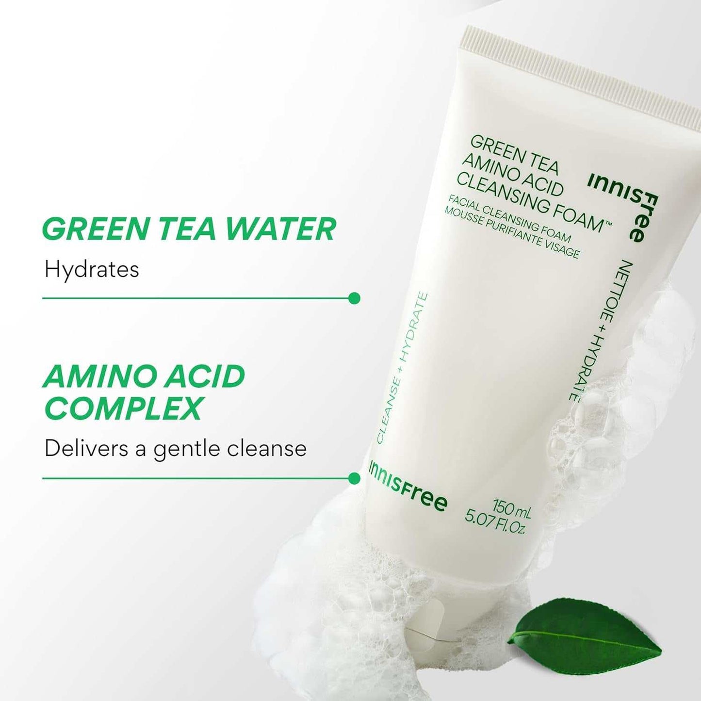 Deep cleansing green tea amino acid face wash hydrating gentle cleanse sulfate-free foam cleanser
