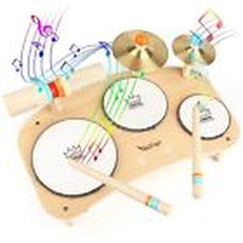 Kids wooden drum set with colorful design and multiple instruments, ideal for toddlers' musical play and development.