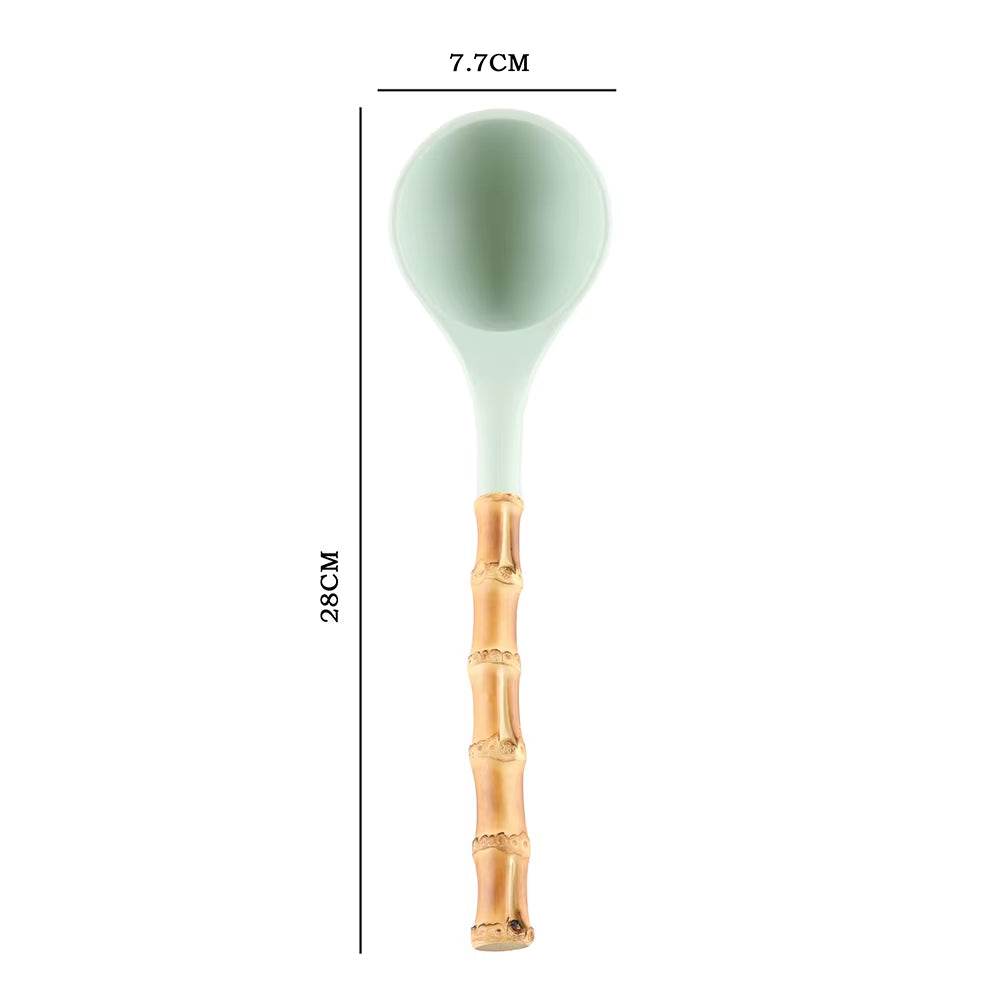 Bamboo kitchenware root kitchen ladle with silicone head, measuring 28cm by 7.7cm, eco-friendly and heat-resistant.