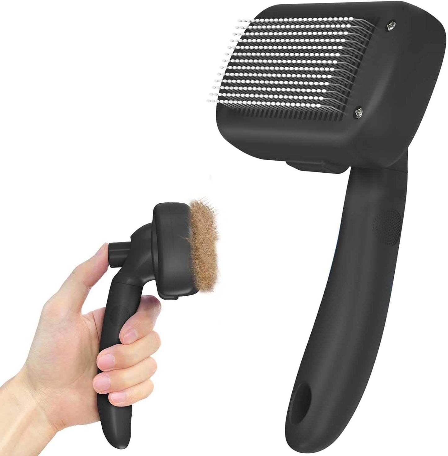 Black pet self cleaning brush with stainless steel bristles and ergonomic handle for removing loose fur from dogs and cats