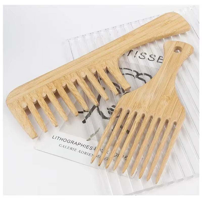 Natural bamboo wooden hair combs with wide teeth, eco-friendly and anti-static for gentle detangling and styling of all hair types.
