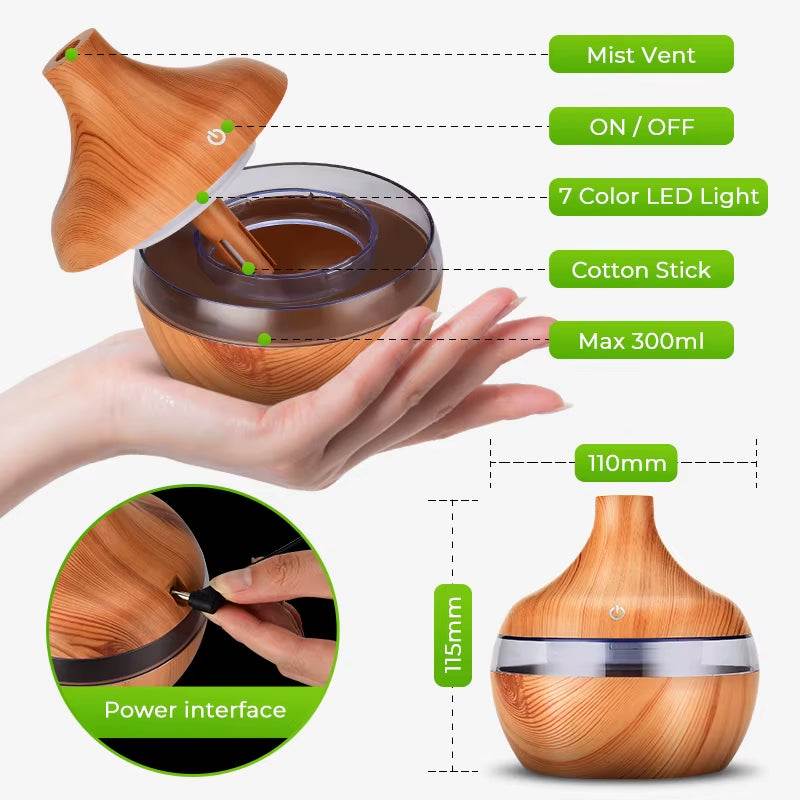 Portable USB mini air humidifier with wood grain design, 7 color LED light, 300ml capacity, and silent operation for desktops and small spaces.