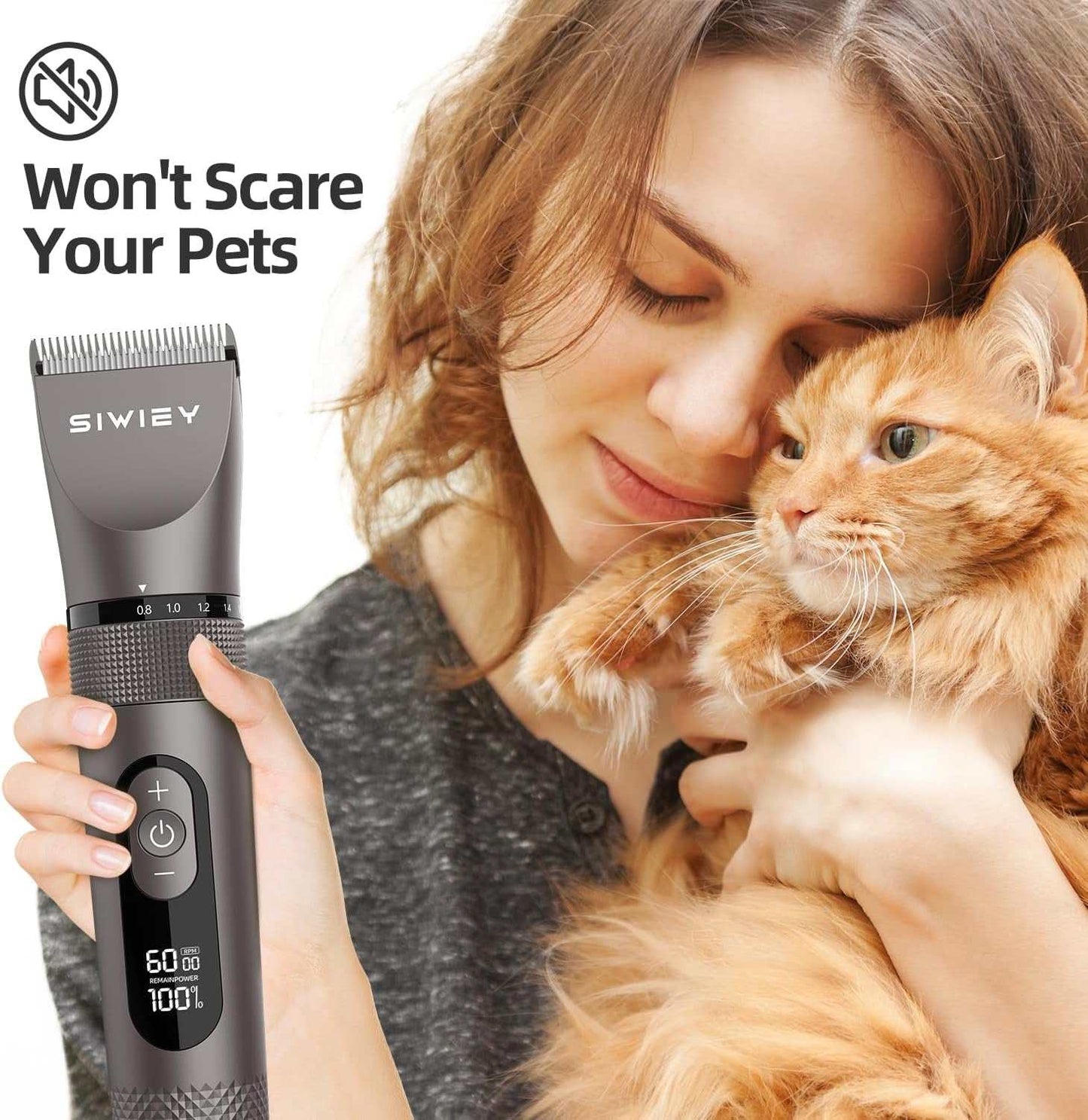 Dog High Power cordless grooming trimmer with quiet motor, ergonomic grip, and USB charging, shown held near a relaxed cat and woman.