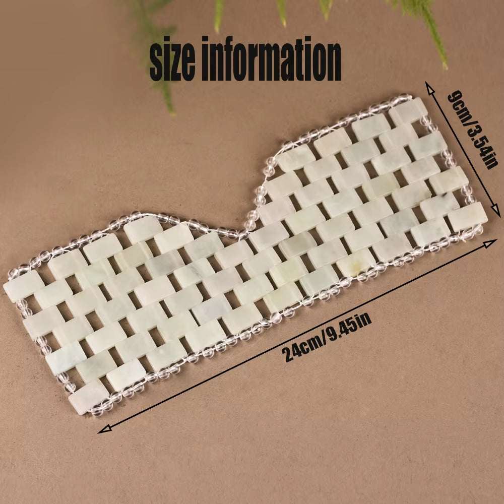 Natural jade eye mask with measurements, showing 24cm by 9cm, for facial massage and relaxation therapy.