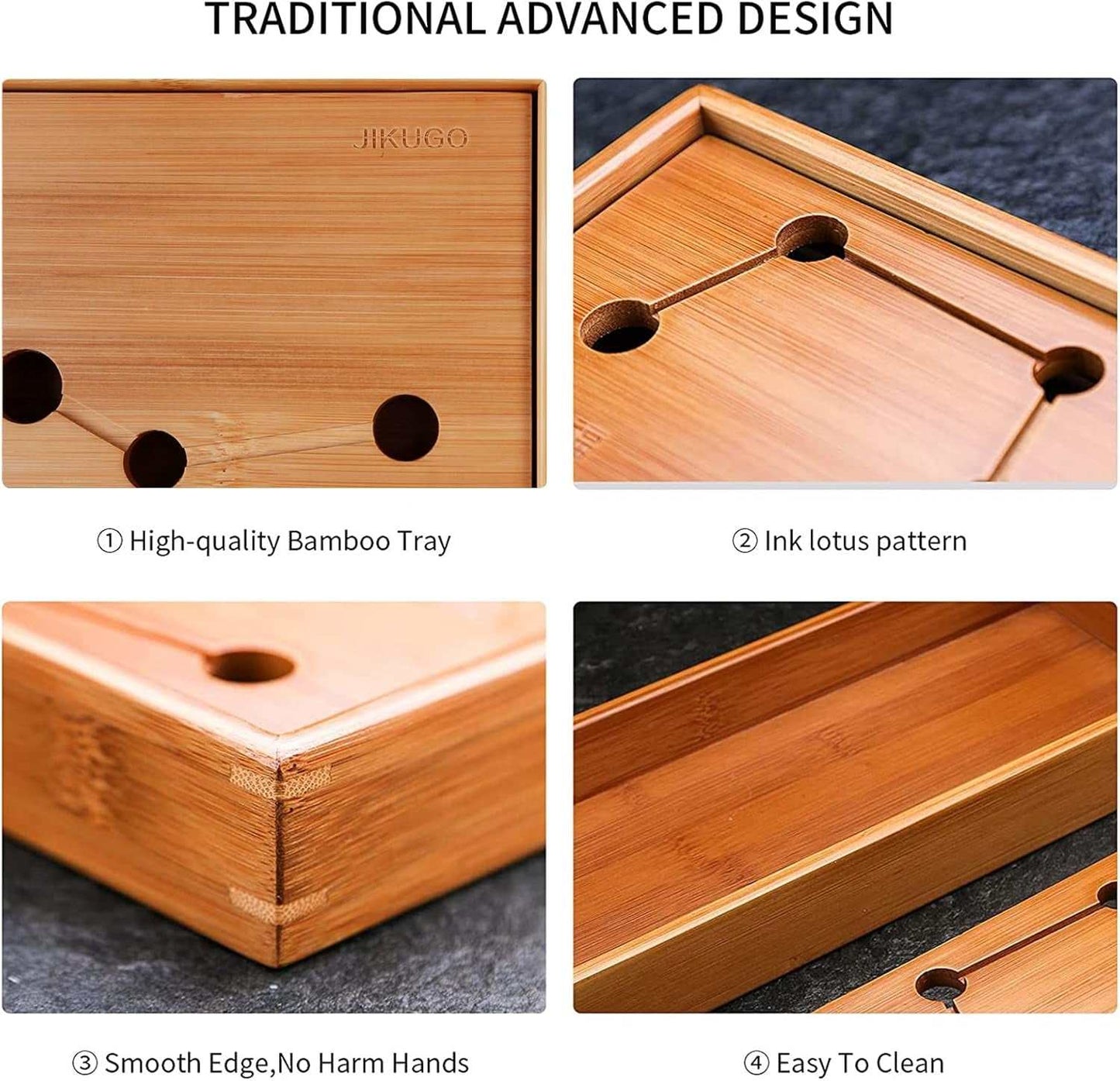 Traditional bamboo tea tray with high-quality construction, ink lotus pattern, smooth edges, and easy-to-clean design. Ideal for tea ceremonies.