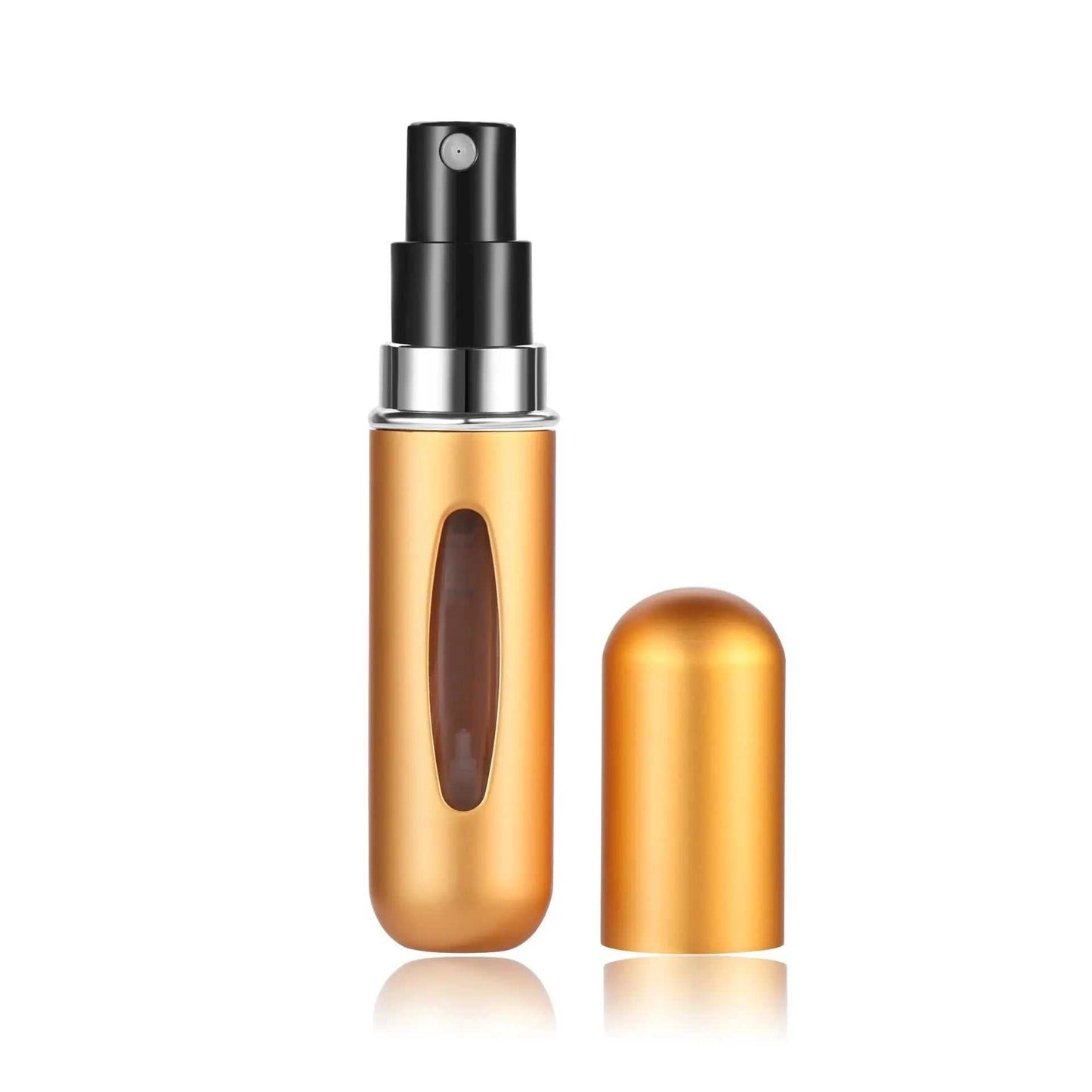 Portable 5ml refillable perfume atomizer bottle with gold metallic finish and leak-proof spray design