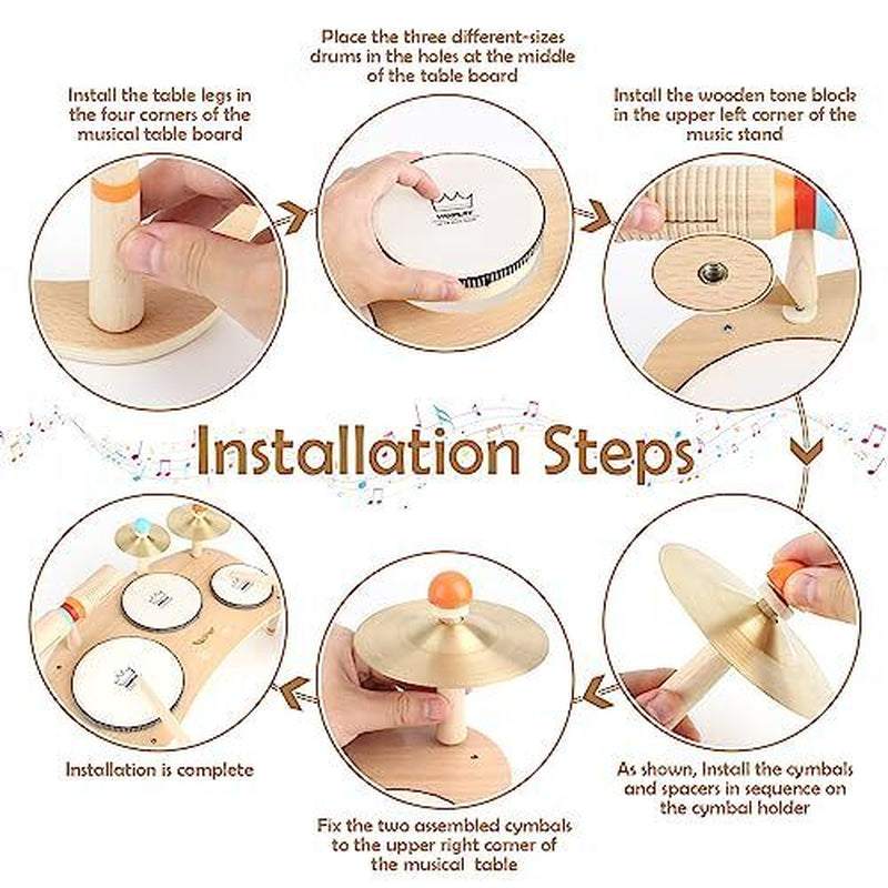 Installation steps for kids wooden drum set showing assembly process and parts.