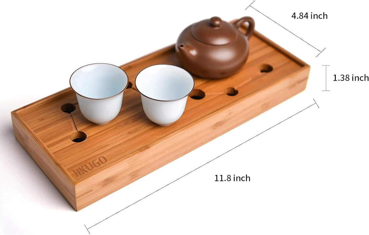 Bamboo tea tray with teapot and cups, featuring a built-in water drainage system and eco-friendly design, ideal for Gongfu tea ceremonies.