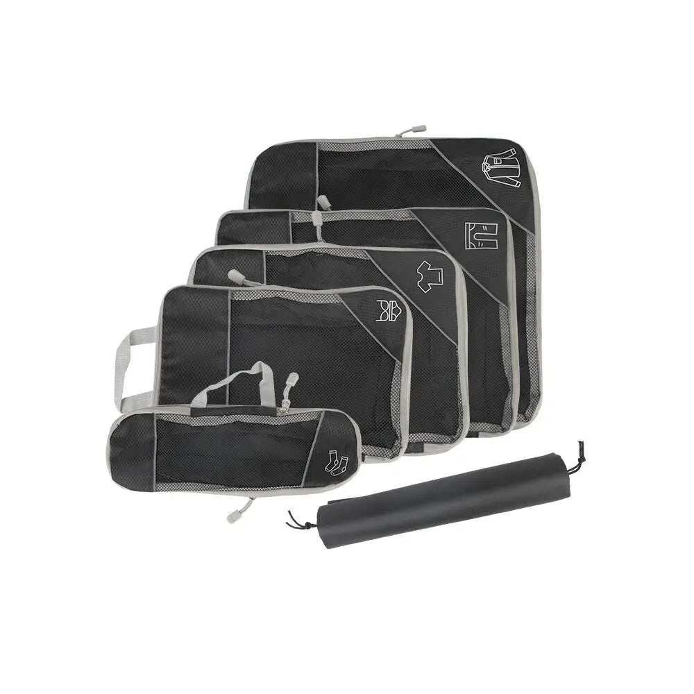 Travel storage organizer set with black and gray packing cubes, ideal for efficient and organized suitcase packing.