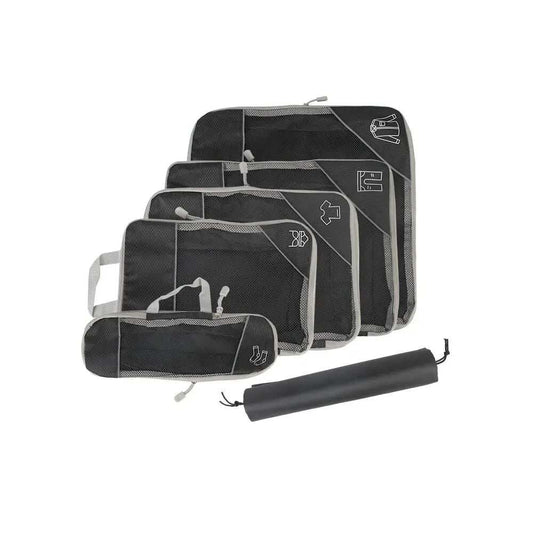 Travel storage organizer set with black and gray packing cubes, ideal for efficient and organized suitcase packing.
