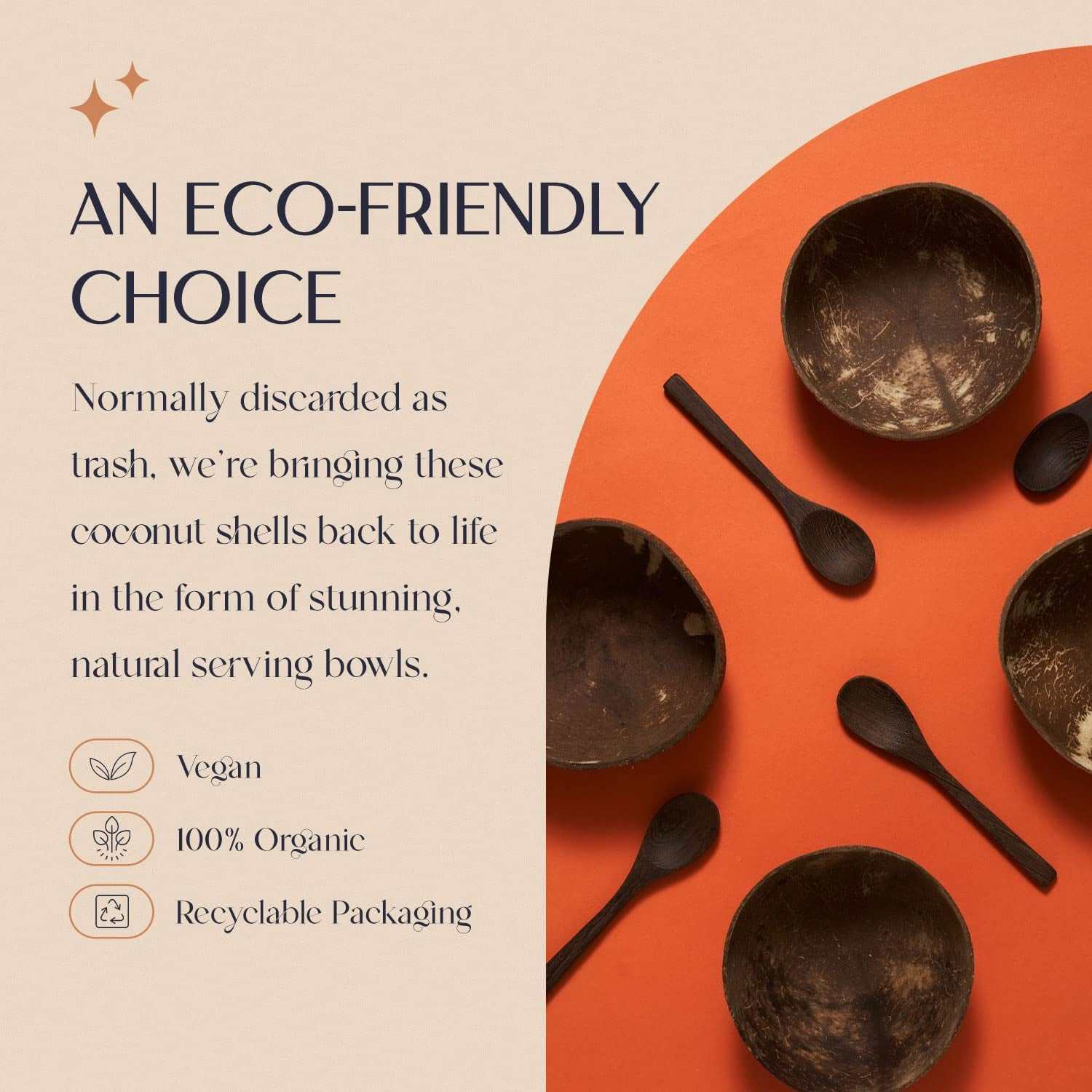 Eco-friendly coconut bowl and wooden spoon set; sustainable, handcrafted kitchenware.