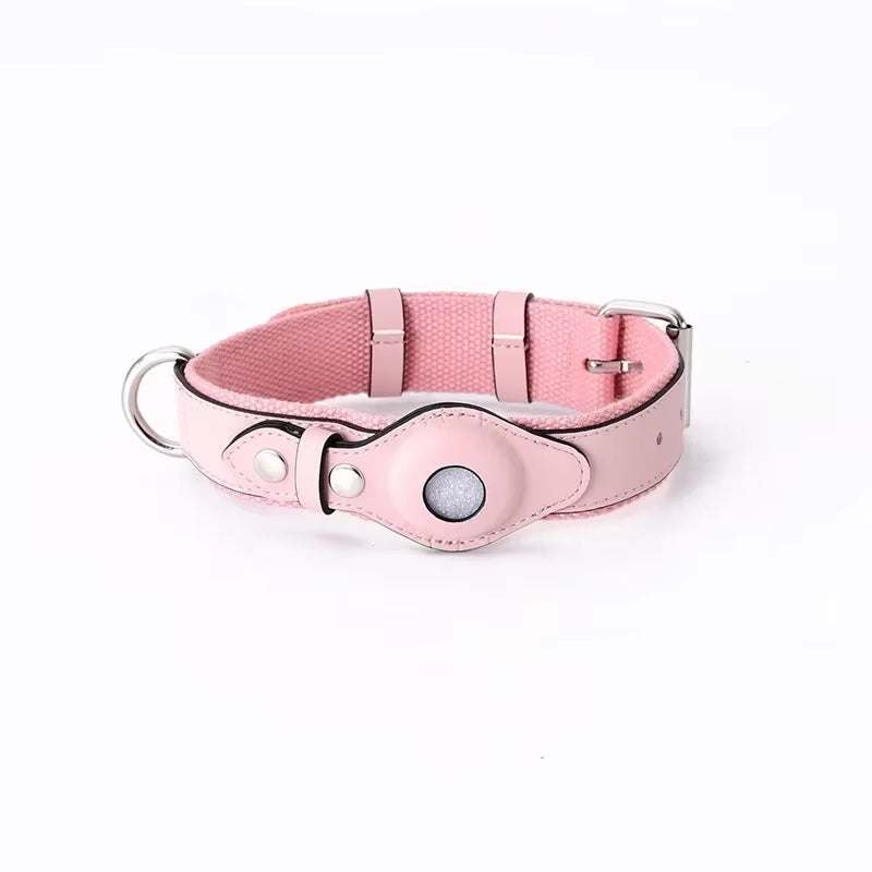 Pink leather pet collar with Apple Airtag holder and adjustable buckle for tracking and comfort