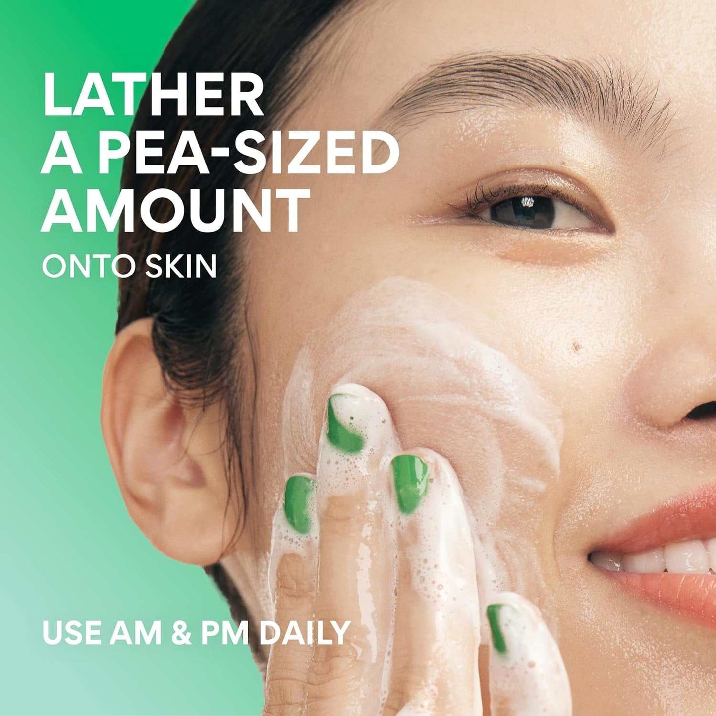 Close-up of woman applying deep cleansing foam on face with green background and text instructions for daily use