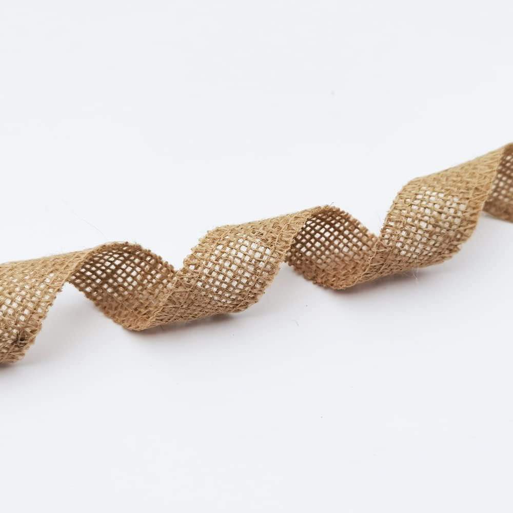 Natural burlap fabric ribbon roll for home decoration and crafts.