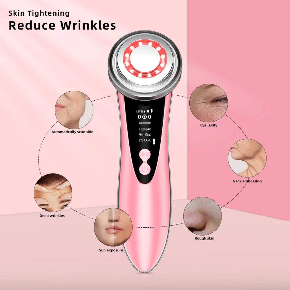 LED electric microcurrent face massager with hot and cold therapy, shown with benefits like skin tightening and wrinkle reduction.