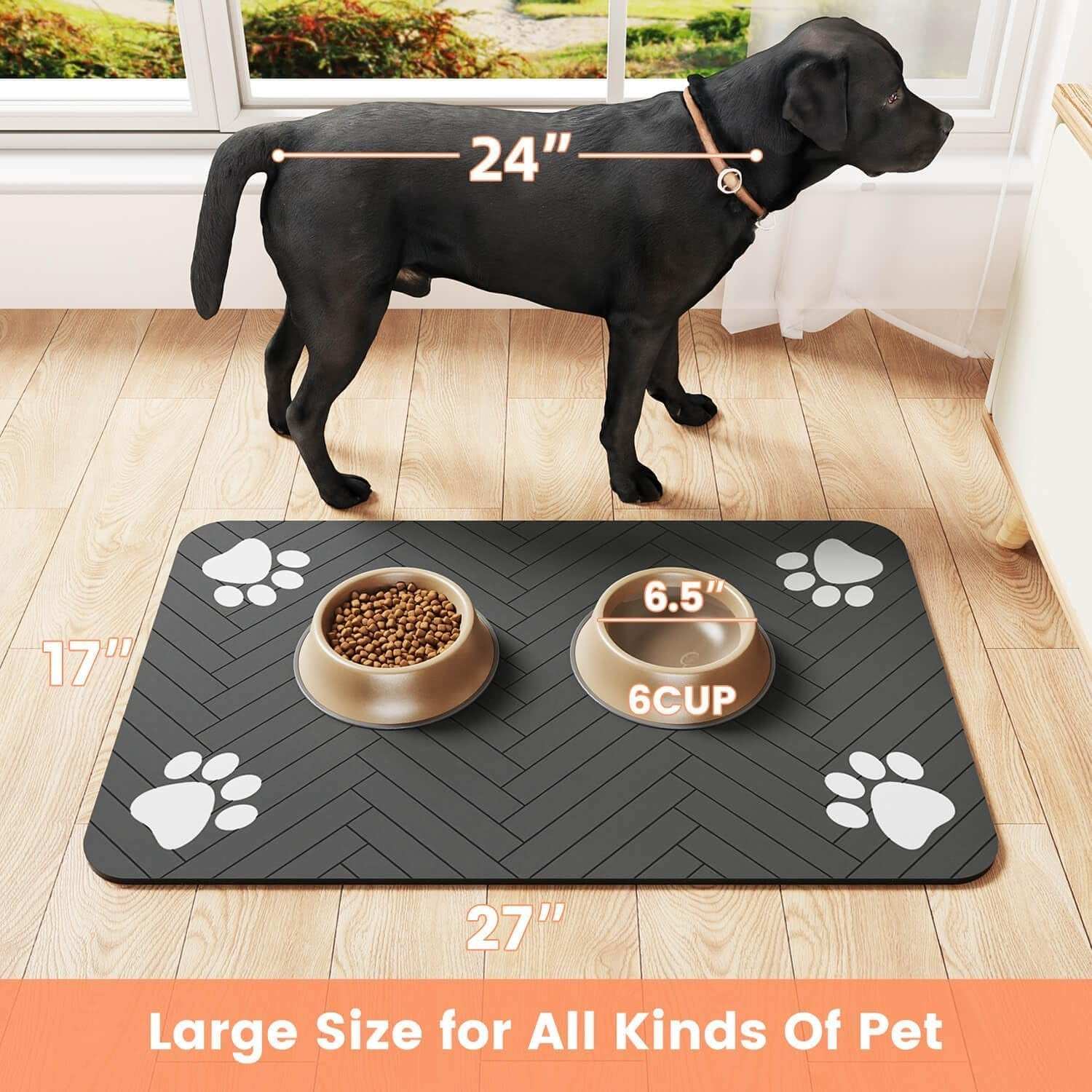 Large dark gray pet waterproof feeding mat with paw prints, non-slip backing, and space for food and water bowls, designed to keep floors clean and dry.
