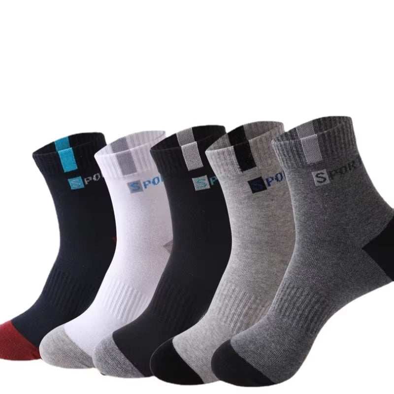Assorted men's breathable cotton sport socks with letter designs, ideal for active lifestyles; features include moisture-wicking and a snug fit.
