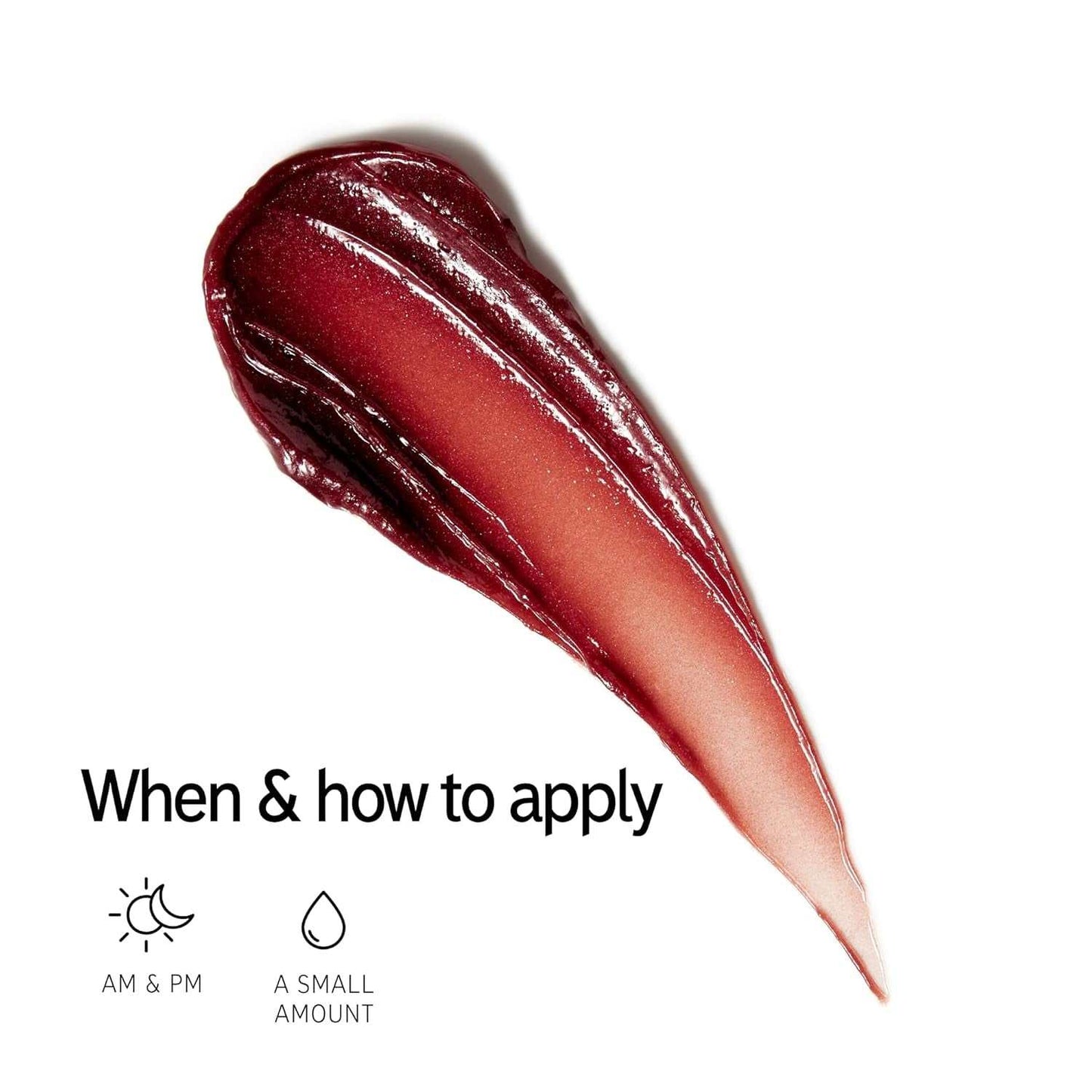Vegan tripeptide plumping lip balm with berry tint, shown with application guide for AM and PM use.