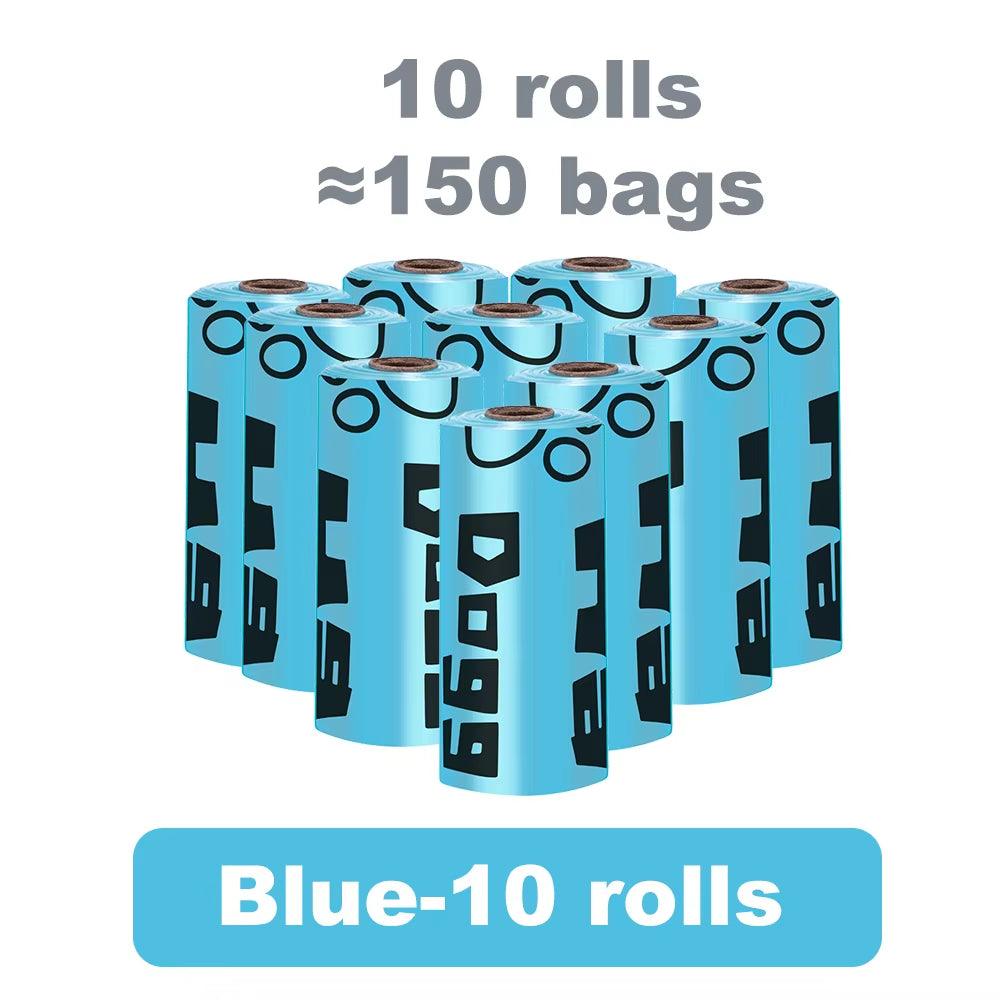 Blue dog outdoor LED light poop bag rolls, 10-pack with approx. 150 biodegradable waste bags for nighttime pet walks.