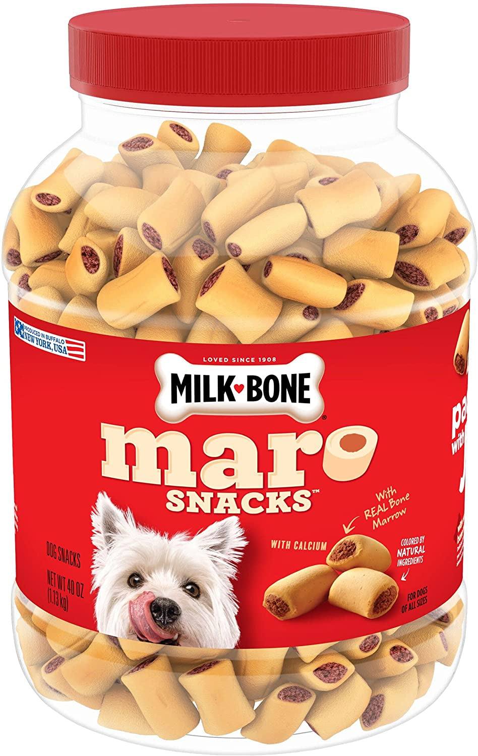 Large container of Milk-Bone Maro Snacks dog treats with bone marrow for small dogs, high in protein and dental health support