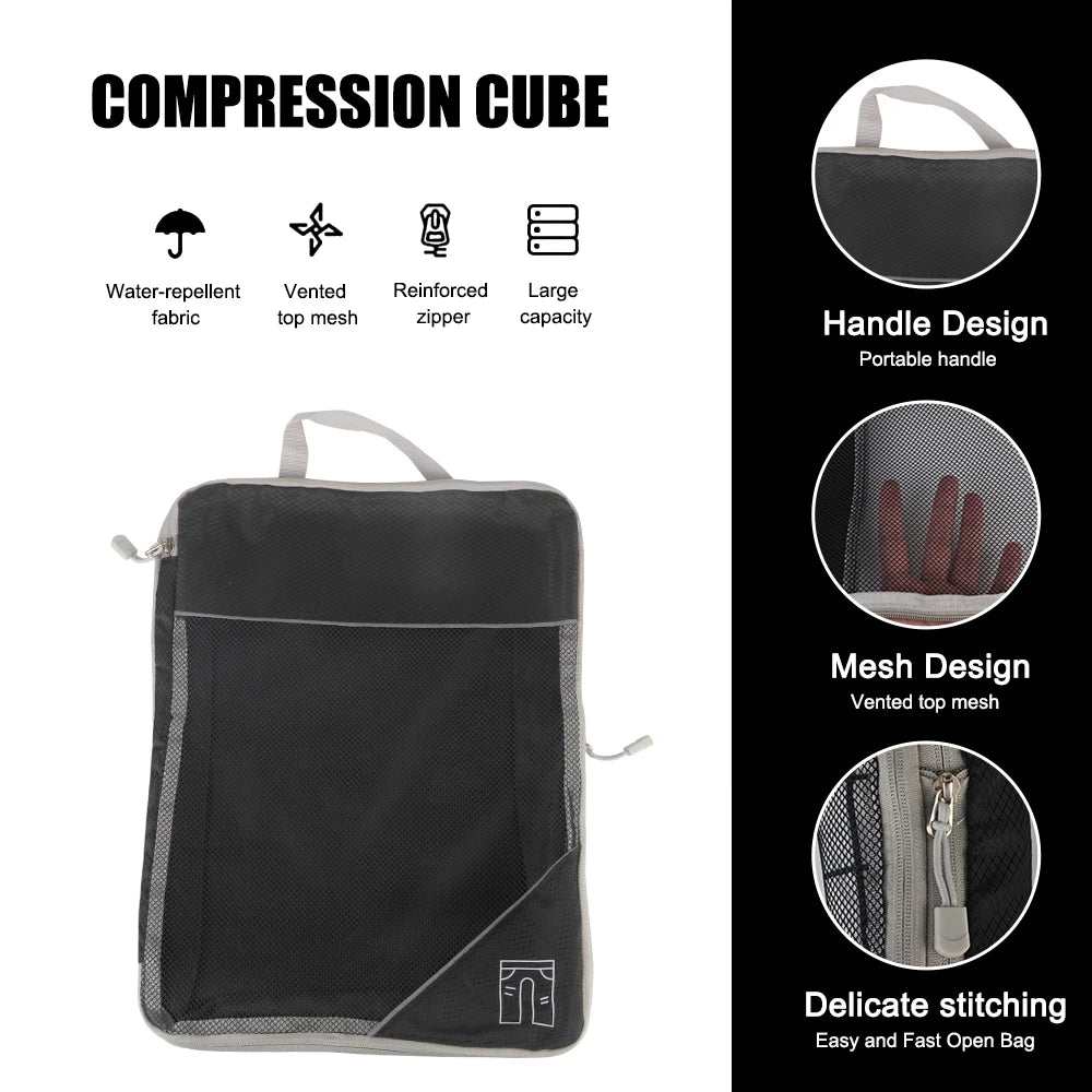 Travel storage organizer, black compression cube with handle, mesh design, and reinforced zipper; lightweight and durable.