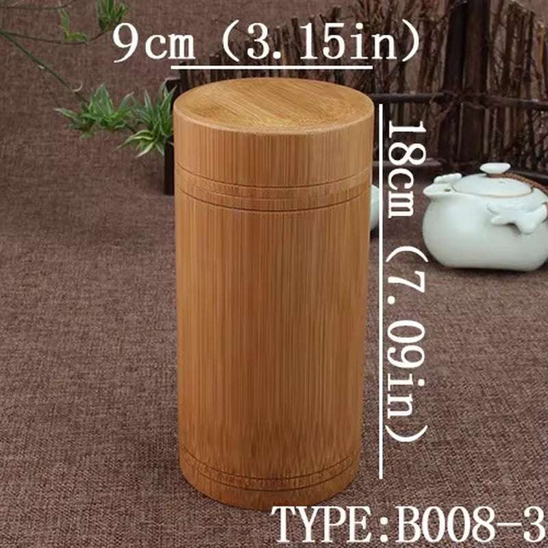 Handmade bamboo storage box with airtight lid, 9cm diameter and 18cm height, ideal for kitchen organization and eco-friendly food storage.
